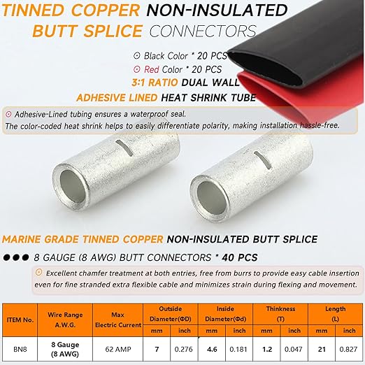 SVAAR 40PCS 8 Gauge Non Insulated Butt Connectors 8 AWG Uninsulated Butt Splice Connectors Crimp Repair Butt Splices Kit Tinned Copper Seamless Barrel Butt Splice Terminals & 40PCS 3:1 Heat Shrinks