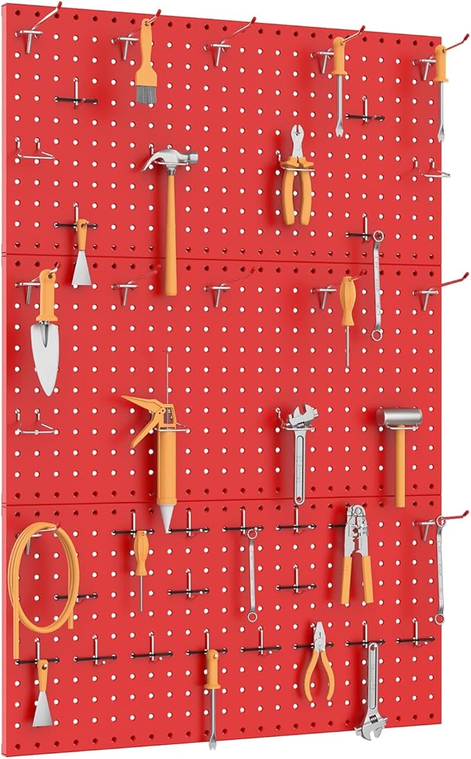 TORACK 3Pcs Metal Pegboard Panels(12x24 inch) for Wall Garage Tools Storage Pegboard System for Workbench, Modular Peg Board Tool Organizer Board Kit(Pack of 3, Red)