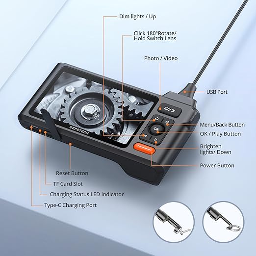 Triple Lens Sewer Inspection Camera with 50FT Semi-Rigid Cable, DEPSTECH 5"IPS Screen Endoscope Camera with Lights, 1080P Industrial Borescope, Split Screen, Waterproof Drain Pipe Tool, Carrying Case