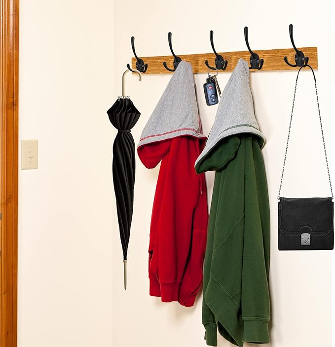 IBosins 14 Pack Big Heavy Duty Triple Coat Hooks Wall Mounted with 28 Screws, Black Retro Three Prongs Wall Hooks Utility Rustic Hooks for Coat, Bag, Towel, Umbrella