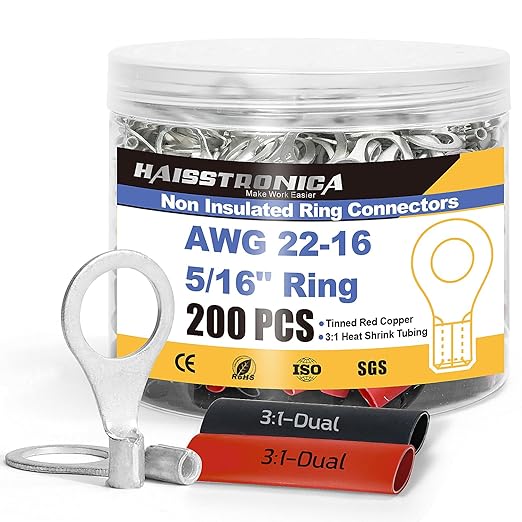 haisstronica Non Insulated Wire Connectors Kit，100pcs 5/16” Ring Terminals (AWG 22-16) with 100pcs 3:1 Heat Shrink Tubing for Automotive Marine，Brazed Seam Wire Crimp terminals