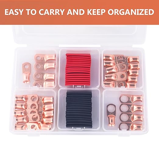 62PCS 2 AWG Ring Terminal Connectors Battery Copper Wire Lugs 2 Gauge 5/16", 3/8", 1/4", 1/2" with Heat Shrink Tubing Set, 30Pcs Battery Cable Ends and 32PCS Heat Shrink Tubing