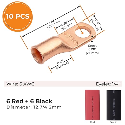 SELTERM 10pcs - 6 Awg - 1/4" Stud - Battery Lugs - Ring Terminal Connectors | with 12pcs 3:1 Black & Red Heat Shrink Tubing with Adhesive | Heavy Duty Battery Cable Ends - Bare Copper Wire Lugs Kit