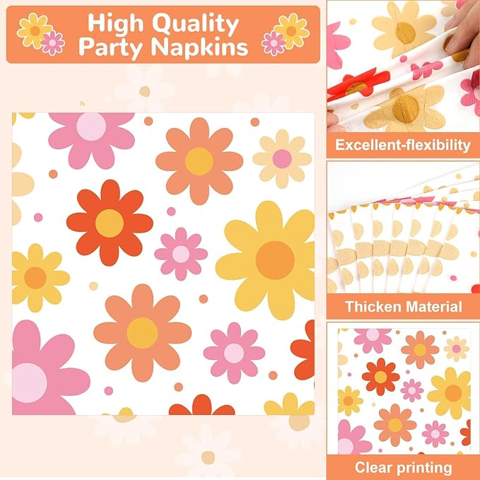 Qyeahkj 50 Guests Groovy Daisy Plates and Napkins Party Supplies Boho Hippie - Image 5