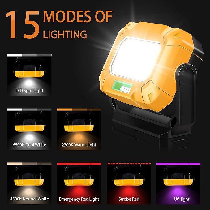 2Pack Magnetic Work Light, 1200LM COB LED Rechargeable Work Light with 15 Lighting Modes, 360°Rotatable Flood Lights for Car Repairing, Job Site Lighting Emergency Outdoor Camping Hiking