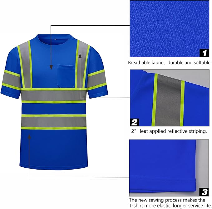 High Visibility Shirts Quick Dry Safety T Shirts with Reflective Strips and Pocket Short Sleeve Mesh Hi Vis Construction Work Class 2 Shirt for Men/Women Blue,Small