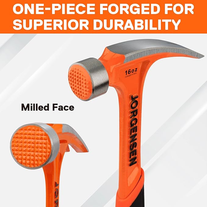 Jorgensen 16 oz Straight Claw Hammer, Rip Claw Hammer with Milled Face & Shock Absorbing Grip, Heavy Duty One-piece Forged Hammer