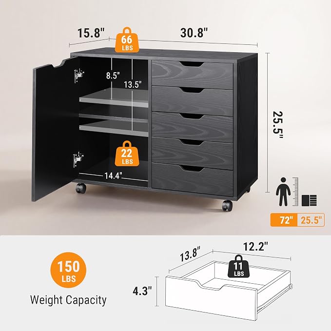 DEVAISE Mobile File Cabinet, 5-Drawer Wood Storage Chest - Image 3