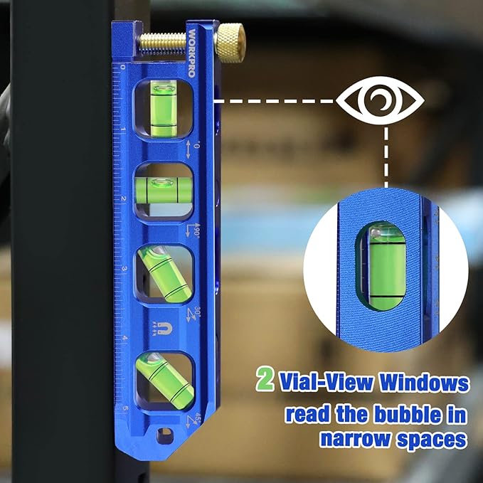WORKPRO Magnetic Torpedo Level, Conduit Bending Level, Bubble Vials for 0°/90°/30°/45° Measurements, Aluminum Alloy Construction, 6.3-inch, Cobalt Blue