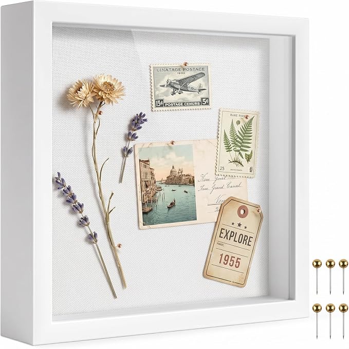 8x8 Shadow Box Frame with Linen Background & Metal Push Pins, Plexiglass Front by Unknown