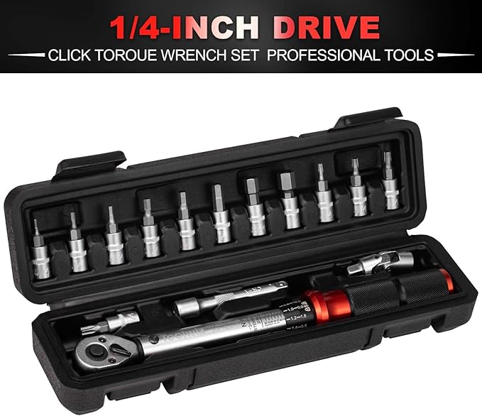 Toolwiz Bike Torque Wrench Set 1/4-Inch Drive 2-26 Nm 17.7-230.1 In-Lb 15 Pieces Torque Wrenches Tool Kit 72 Tooth Dual-Direction Click Type for Bicycle, MTB, Car Repair, Home Maintance