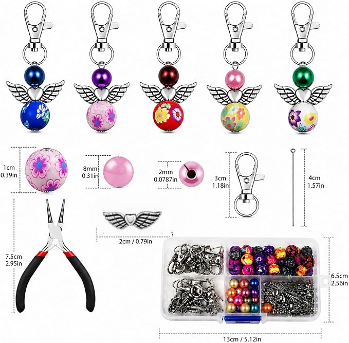 180Pcs DIY Angel Pendant Keychains Kit Includes Alloy Wing Spacer Imitated Bead - Image 2