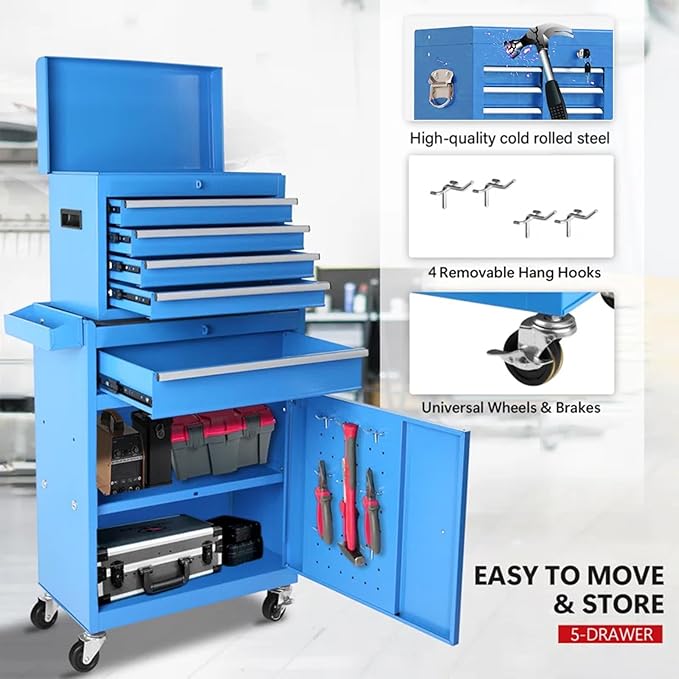Rolling Tool Chest - 5 Drawers Tool Box Organizer with Lockable Wheels, Sliding Drawers, Detachable Top Tool Box - Tool Storage Cabinet for Garage Workshop, Blue