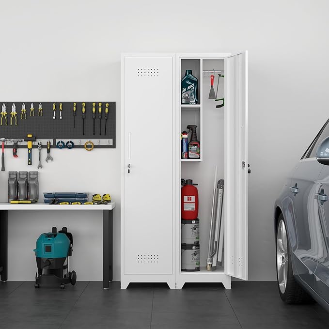 Metal Tall Broom Storage Cabinet, 65" Broom Closet Cabinets with Adjustable Shelves and S-Hooks, Slim Bathroom Cabinet, Metal Storage Cabinets for Home Office, Pantry, Bathroom