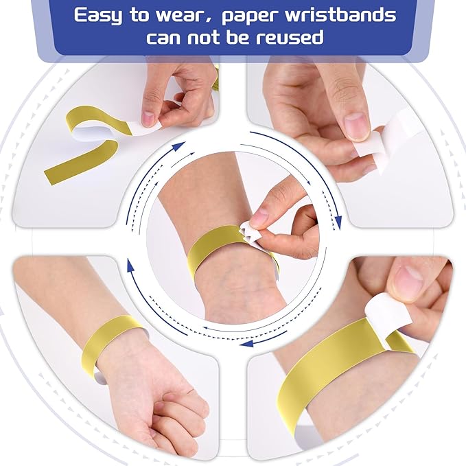 2000 Pcs Paper Wristbands for Events Waterproof Neon Gold Wrist Bands Adhesive Concert Identification Wristbands Hand Bands for Events(Gold)