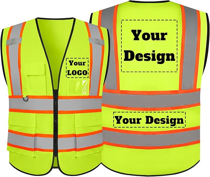 Safety Vest Customize Logo with 5 Pockets & Zipper Reflective High Visibility Vest Class 2 Outdoor Workwear