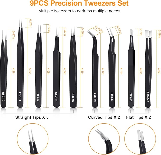 kaverme 9PCS Precision Tweezers Set, Upgraded Anti-Static Stainless Steel of - Image 2