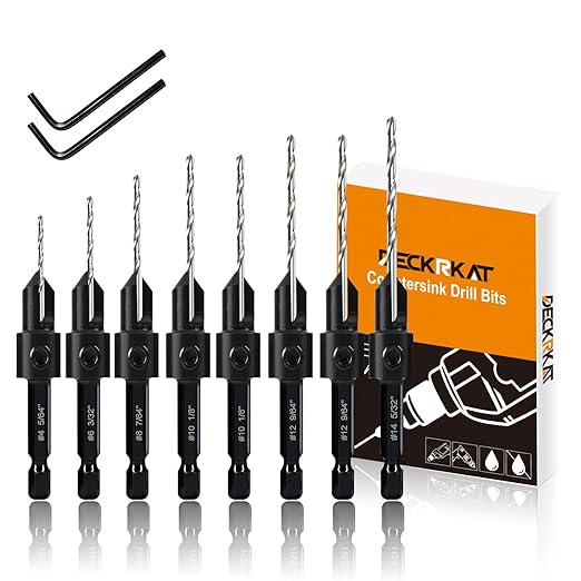 8 Pack Woodworking Countersink Drill Bits Set 3in1, Heavy Duty M2 Pilot Drill Bits Depth Adjustable, 82-Degree Chamfer, 1/4” Hex Shank, for #4#6#8#10#12#14 Screws in Soft & Hard Wood