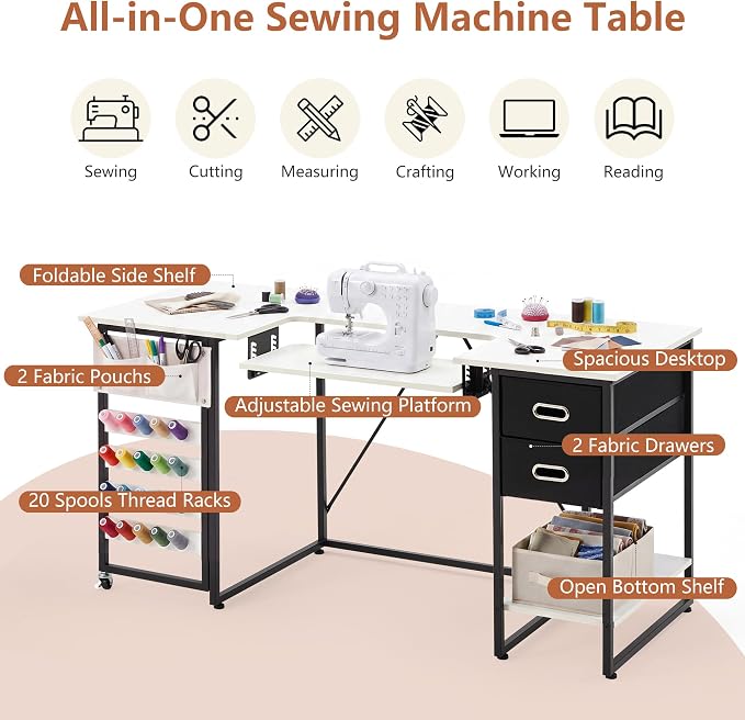 59" Folding Sewing Table with Adjustable Tabletop and Foldable Side Shelf | - Image 10