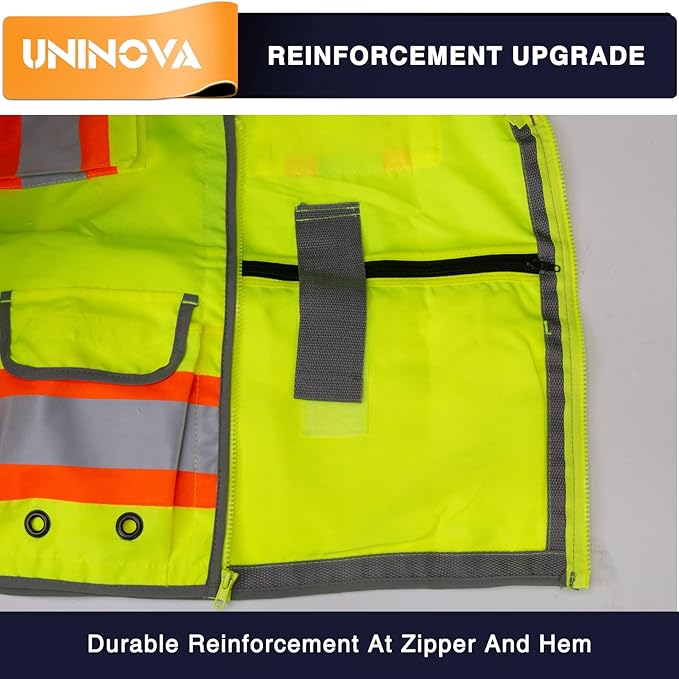 UNINOVA Surveyor Safety Vest Reflective for Men,Class 2 Heavy Duty Safety Vests Reflective with Pockets and Zipper