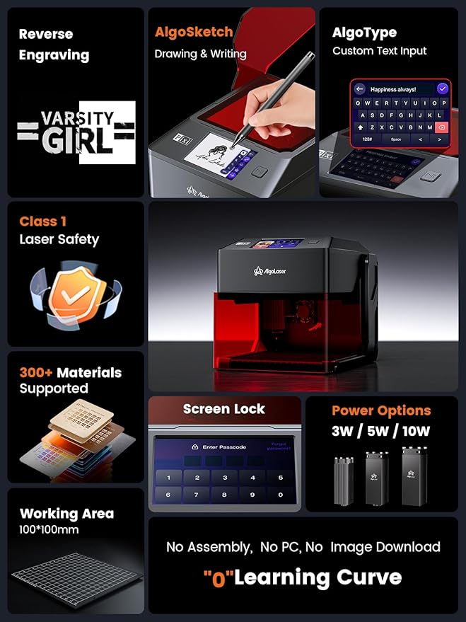 AlgoLaser Laser Engraver Machine: Portable & Smart with 3.5" Touch Screen & AlgoOS System - Hand Drawing/Wireless/SD Card/Offline Engraving - Laser Power 3000mW/Class 1 for Wood, Acrylic, Leather
