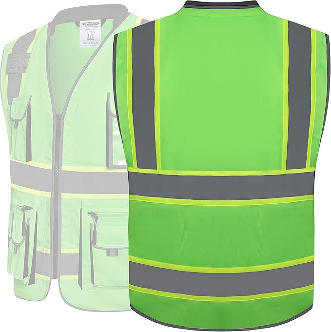 JKSafety 10 Pockets Hi-Vis Zipper Front Fluorescent Green Safety Vest | Cushioned Collar | High Reflective Tapes with Extended Neon Yellow Strips | Meets ANSI/ISEA Standards (Medium, 89-Green)