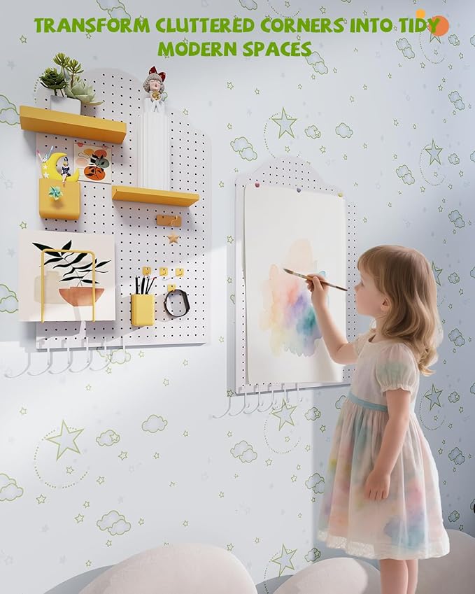 Metal Pegboard Kit — Pegboard Wall Organizer with 26 Accessories, Carbon Steel Pegboards for Home, Office, Study Room, Kids Room, Craft Room, Living Room — 32″ × 20″ Cloud White Peg Board