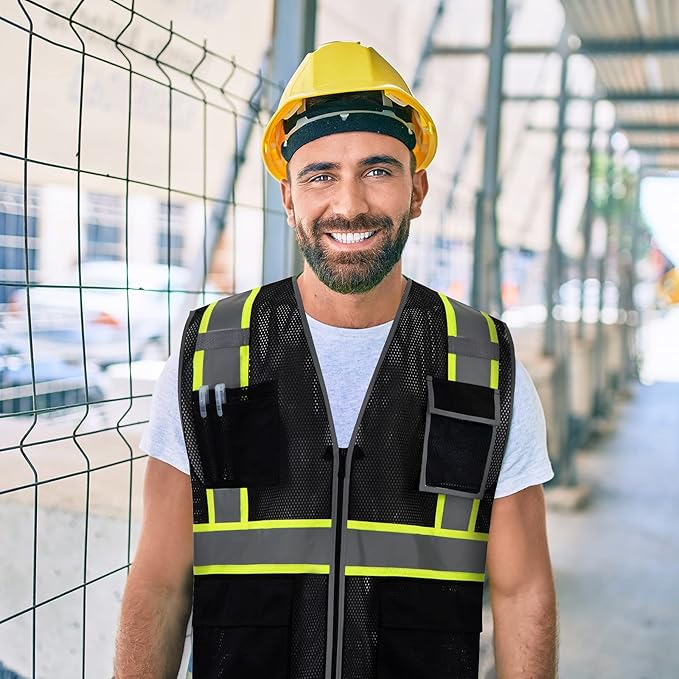 SKSAFETY 10 Pockets Safety Vest, Class 2 High Visibility Security with Zipper Double-sided mesh, Hi Vis Vest with Reflective Strips, ANSI/ISEA Standard, Construction Work Vest （Black, M）