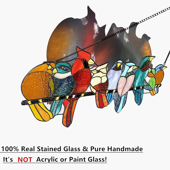 Stained Glass Birds Window Hangings, 9 Multicolor Stained Glass Birds on Branch - Image 2