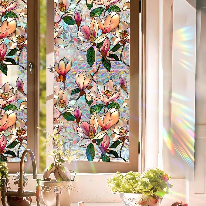 Retro Magnolia Flowers Window Privacy Film, Stained Glass Decals Colorful - Image 5