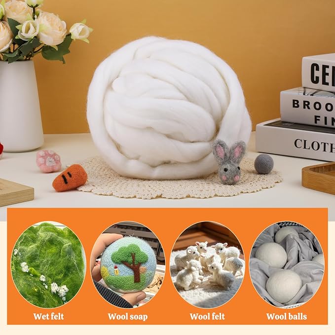 3.53oz Wool Roving: Needle Felting Wool White Roving Wool Felting Supplies Pure - Image 6