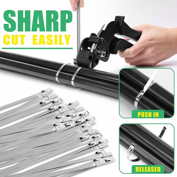 Heavy Duty Stainless Steel Cable Tie Gun Kit with 200 PCS 8.3 Inch Self-Locking Metal Zip Ties, Adjustable Tension & Cutting Tool for Garden Fence Repair, Outdoor Projects, Automotive (8.3'')