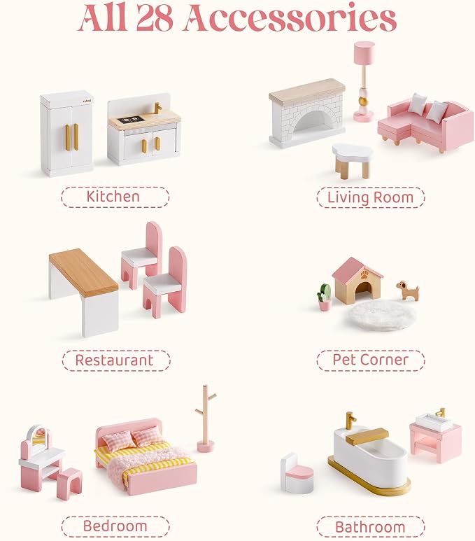 ROBUD Wooden Dollhouse Furniture Set, Miniature Furniture Including 6 Room Kits - Image 3