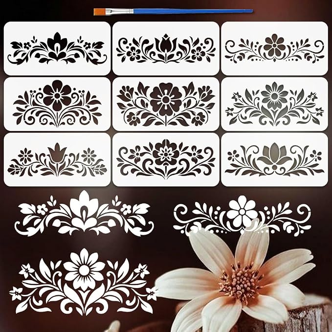 FINGERINSPIRE 9 Styles Folk Art Border Pattern Stencils by FINGERINSPIRE