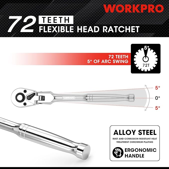 WORKPRO 3/8" Drive 72-Tooth Flex Head Ratchet with Chromium Plating Quick Release Reversible Design, 5 Degree Swing