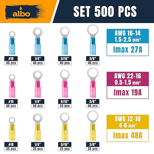 500PCS Heat Shrink Ring Terminal Kit – Wire Terminal Connectors Assortment for 22-10 AWG, Waterproof Electrical Connectors Set – Tinned Copper Electrical Ring Terminals