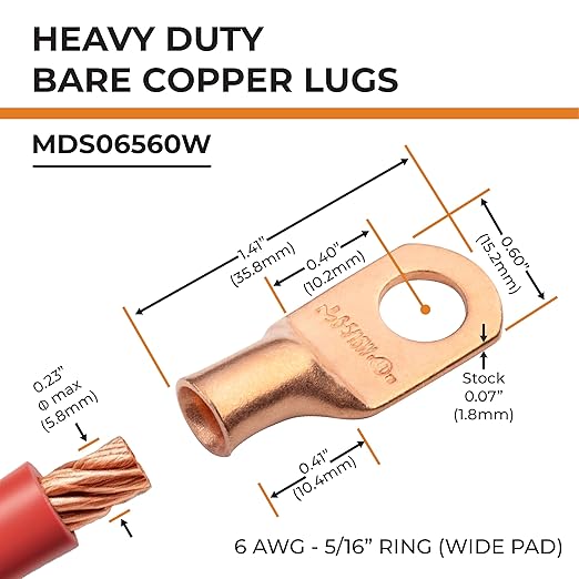 SELTERM 2pcs 6 AWG 5/16" Stud (Wide Pad) Copper Wire Lugs,Battery Lugs,Ring Terminals,Battery Cable Ends, 6 Gauge Ring Terminal Connectors,UL Heavy Duty Bare Copper Eyelets Battery Terminal Connectors