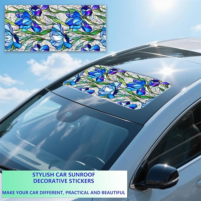 Bloss Blue Iris Flowers Sunroof Film Floral Rainbow Effect Static Clings Window - Image 4
