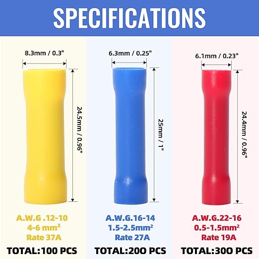 600 PCS Butt Splice Crimp Connectors Qibaok Insulated Electrical Straight Wire Terminal Connectors 10-22AWG