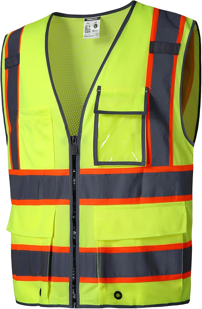 SKSAFETY 10 Pockets Safety Vest, Class 2 High Visibility Security with Zipper Back Mesh, Hi Vis Vest with Reflective Strips, ANSI/ISEA Standard, Construction Work Vest for Men ＆ Women （Lime, XL）