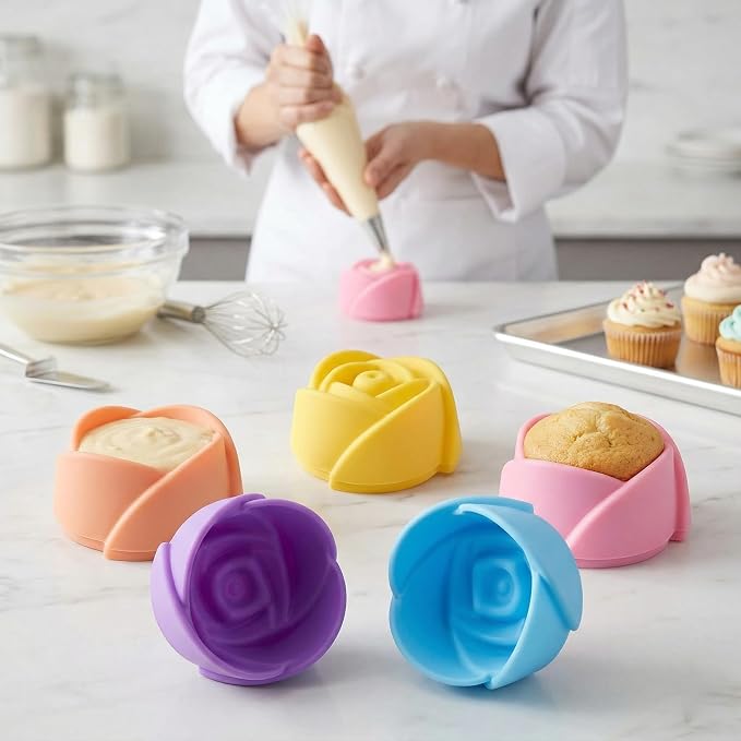 Mini Silicone Muffin Cups, 24 Pack Reusable Cupcake Molds, Rose | Nonstick 2 - Image 7