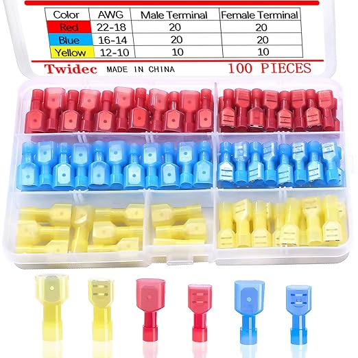 Twidec/100PCS Nylon Spade Connectors Kit 22-10 Gauge Male and Female Wire Spade Terminal Quick Disconnect Fully Insulated Wire Crimp Connector for Automotive Marine