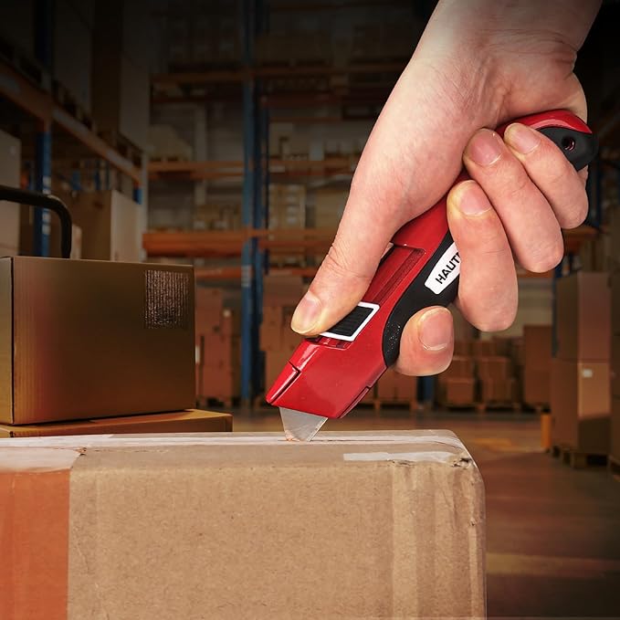 HAUTMEC High Safety Utility Knife, Self-retracting Box Cutter with Double Safety Mechanism - Automatic Blade Retraction After Cuts & Self-retraction by Release Push Button – HT0195