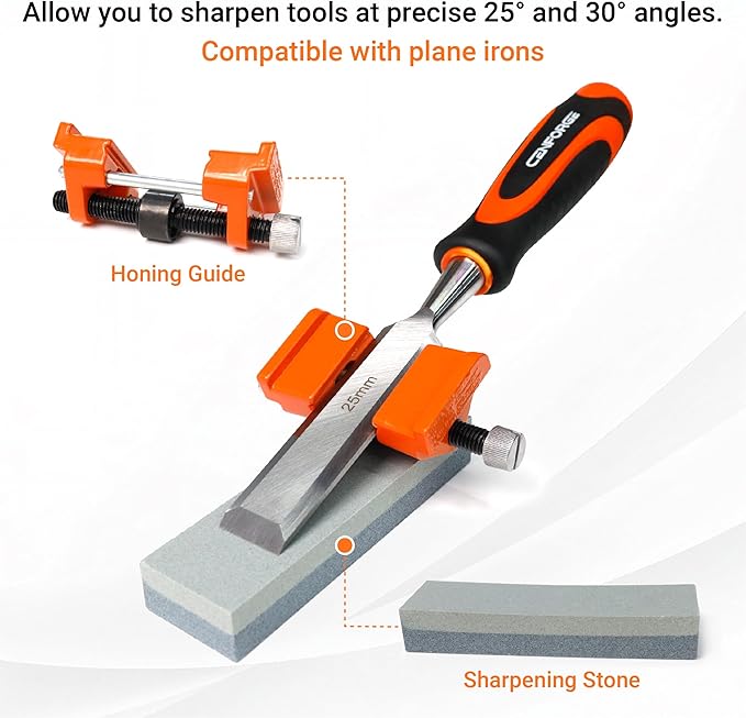 10-PC Wood Chisel Set, 6 Wood Chisels with 1 Honing Guide, 1 Sharpening Stone and 2 Carpenter Pencils, Wood Chisels for Woodworking, formones para carpintería