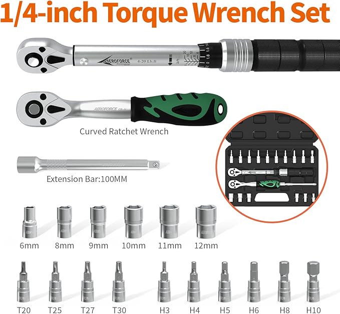 AEROFORCE 19Pcs 1/4 inch Drive Click Dual-Direction Adjustable Bike Torque Wrench Set（4-20 Lb.ft/5.4-27.2 Nm）, with 6 Sockets, Hex, Torx, Extension Bar, 1/4'' Ratchet Wrench, Maintenance Kit for MTB.