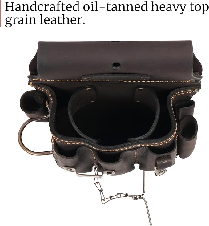 FESA Leather Electrician Tool Pouch - 13-in-1 Top Grain Leather Electrician Pouch w/Steel Hammer Loop, Tape Measure Clip, Tape T-Chain & 6 Pockets - Fits Belts up to 3" - Handcrafted