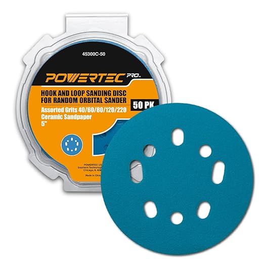 POWERTEC PRO 50PK, 5 Inch Sanding Discs Hook and Loop, 40/60/80/120/220 Grit, Ceramic Orbital Sander Sandpaper for 5 & 8 Hole Random Orbital Sanders - Automotive, Paint, Metal, Woodworking (45300C-50)