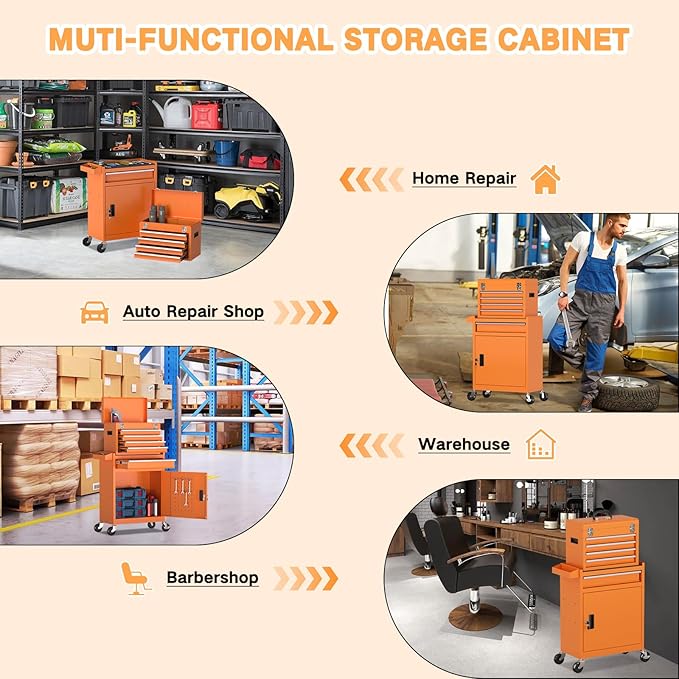 5-Drawer Rolling Tool Chest,Garage Storage Tool Box with Wheels,Lockable and Detachable Tool Cabinet,Heavy Duty Metal Tool Cart with Wheels for Garage,Warehouse,Workshop (Orange)