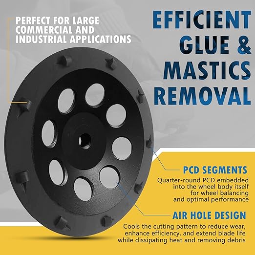 7" PCD Grinding Wheel for Epoxy, Glue, Mastic and Paint, 9 PCD Segments, 5/8"-11 Threaded Arbor