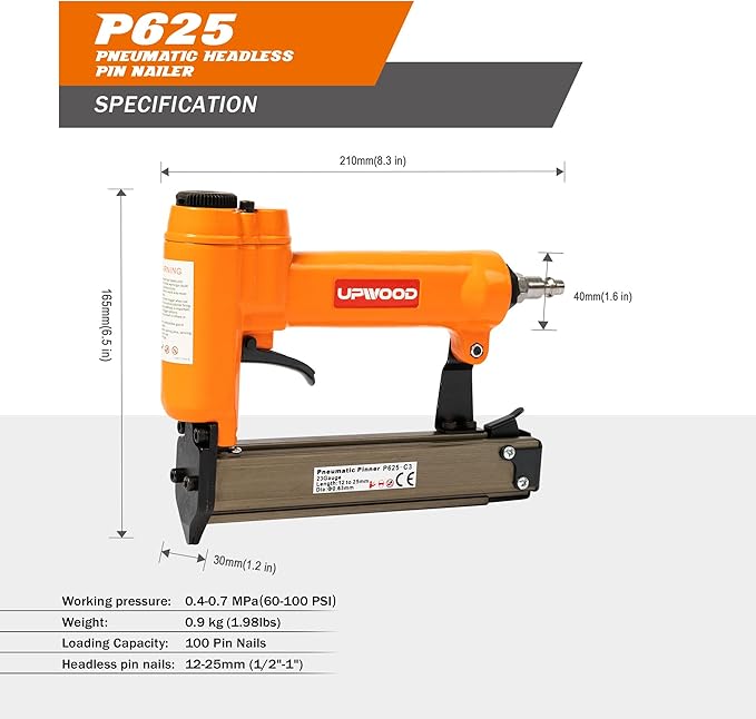 P625 Pneumatic 23 Gauge Headless Pin Nailer, 1/2-Inch to 1-Inch Leg Length Air Powered Micro Pinner for Furniture, Cabinets, Interior Decoration